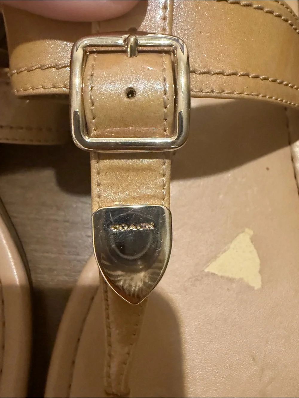 Coach Women's Tan Leather T-Strap Sandals with Gold Buckle
